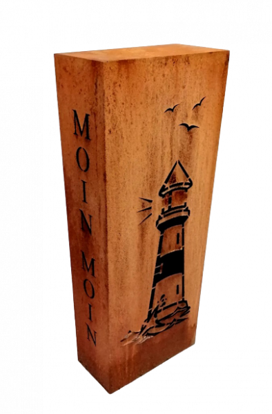 Edelrost Säule Quader Moin Moin mit Leuchtturm 100 cm